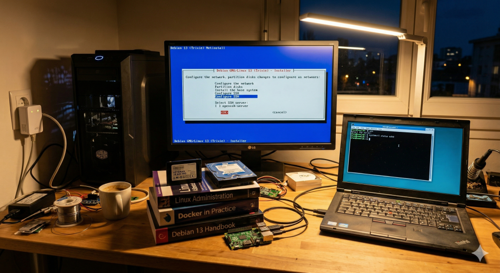Une vue nocturne d'un bureau homelab technique montrant l'installation de Debian 13 sur une tour PC ouverte, avec une connexion SSH active sur un portable.